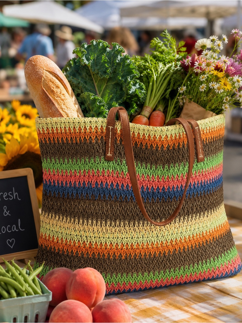 SunNSand Multicolor Stripe Tote with Brown Handles - straw beach bag